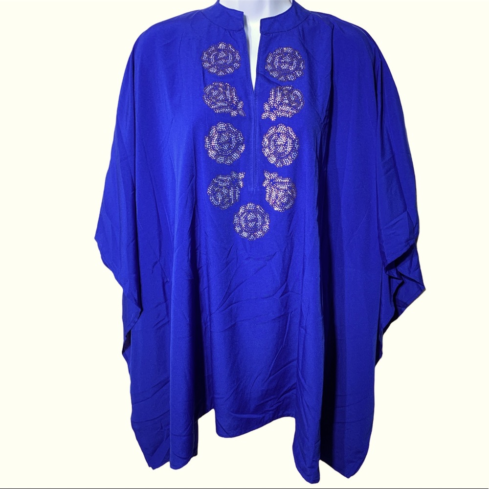 🆕 David Jeffery Deep Blue Lightweight Beaded Poncho/Tunic/Swimsuit Coverup